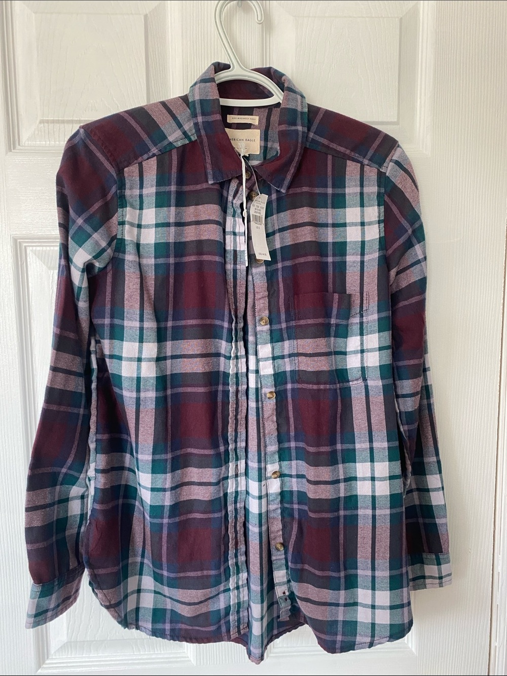 American Eagle Outfitters Plaid Button-Down Shirt in Burgundy, Teal & White